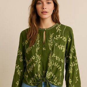 Johnny was green embroidered Sasha tie front blouse